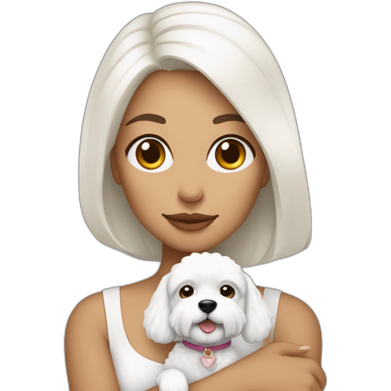 mujer con perro bichon blanco emoji