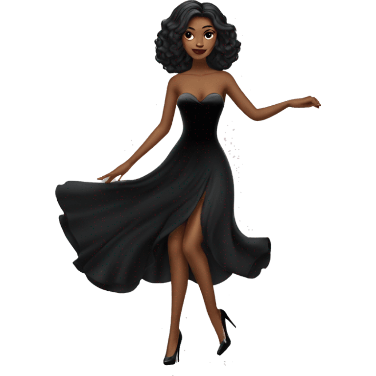 Wednesday dancing with wolves. high beauty face. short black flowing strapless evening gown with  plunging neckline that’s off-the-shoulders that also shows her legs and black shiny velvet high heel shoes. emoji