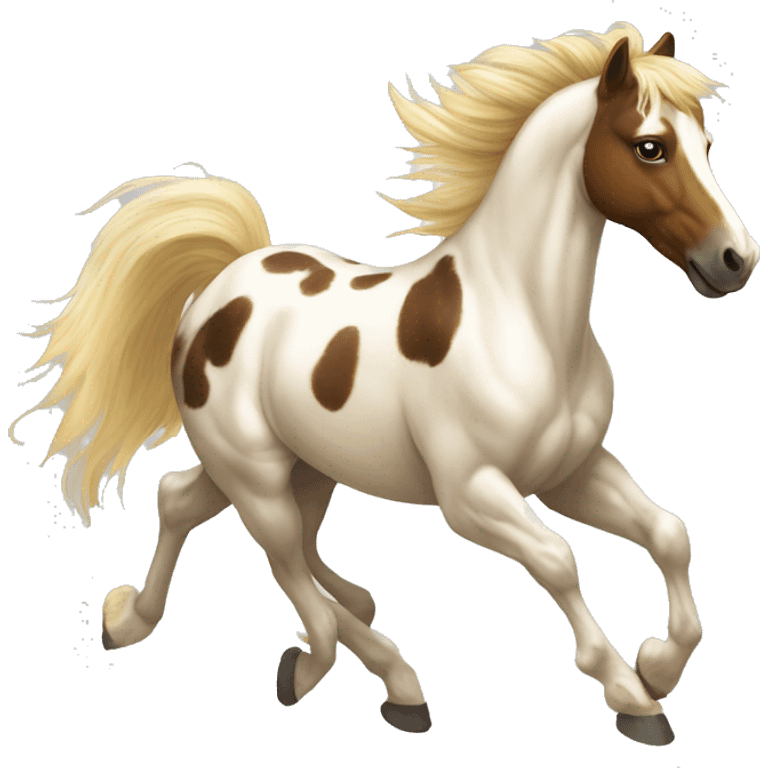 Scruffy Piebald tricolor palomino yellow brown pony with dark brown spots galloping running emoji