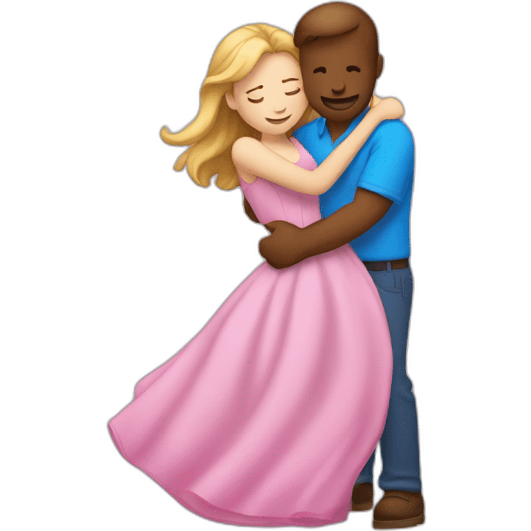 white guy in blue shirt hugs white girl in pink dress emoji