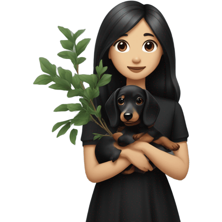 an Asian girl with long hair, wear black dress, hugging a black and tan long haired dachshund with a branch in its mouth emoji