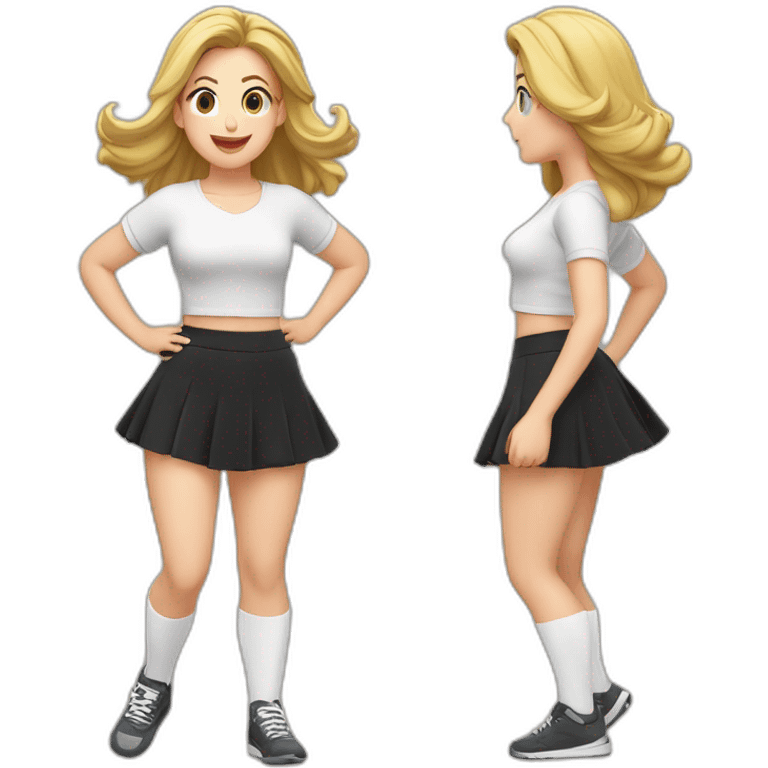 alistic-full-body-caucasian-curvy-beauty-jumping-short black-skirt-back-and-front-views-strong-wind-knickers-long-white-socks emoji