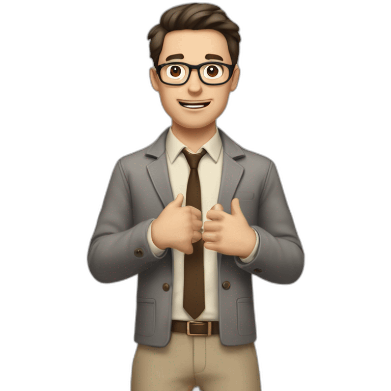 To belt Actively gesturing with hands Pale skinned fit man with dark brown hair in gray jacket, beige office shirt, brown tie, brown pants and vintage glasses. emoji