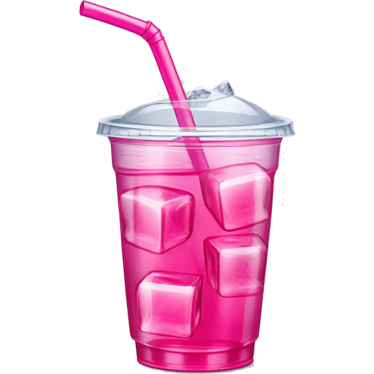 Realistic see through plastic cup and lid with Transluscent hot pink soda,straw and large ice cubes inside. emoji