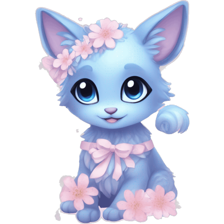 Anthro Cute Cool Blushing Pastel Innocent Shy Kawaii gorgeous sparkly ethereal fantasy anime animal creature with blue eyes furry sona with flowers and ribbons beautiful aesthetic emoji