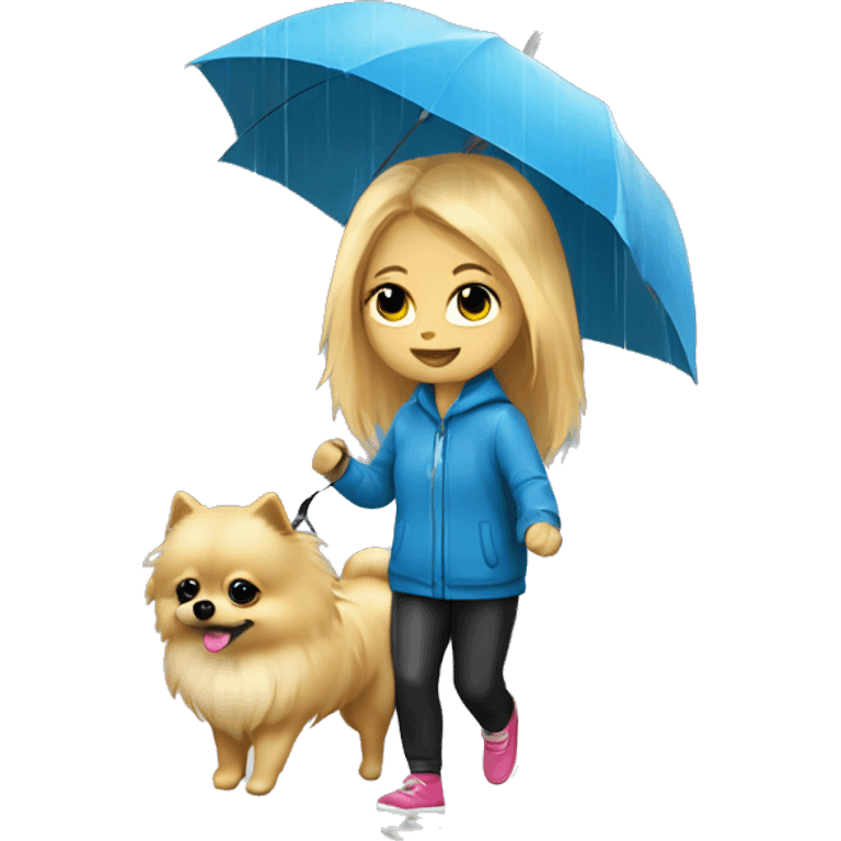 Blonde girl walking tiny pomeranian under the rain emoji