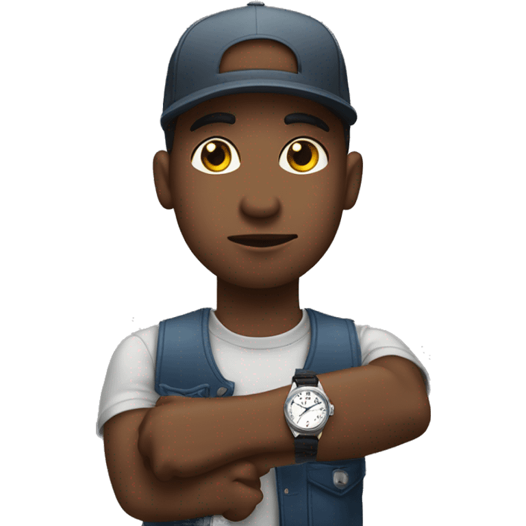 Young Black man with backwards fitted cap on rolling eyes holding wrist up checking watch emoji