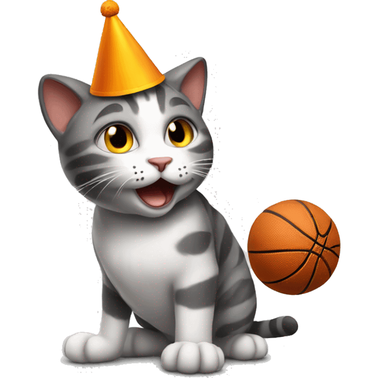 cat playing basketball wearing a birthday hat emoji