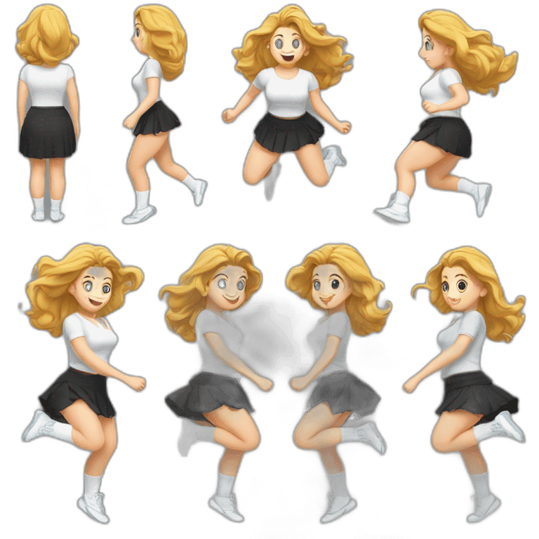 alistic-full-body-caucasian-curvy-beauty-jumping-short-black-skirt-back-and-front-views-strong-wind-knickers-long-white-socks emoji