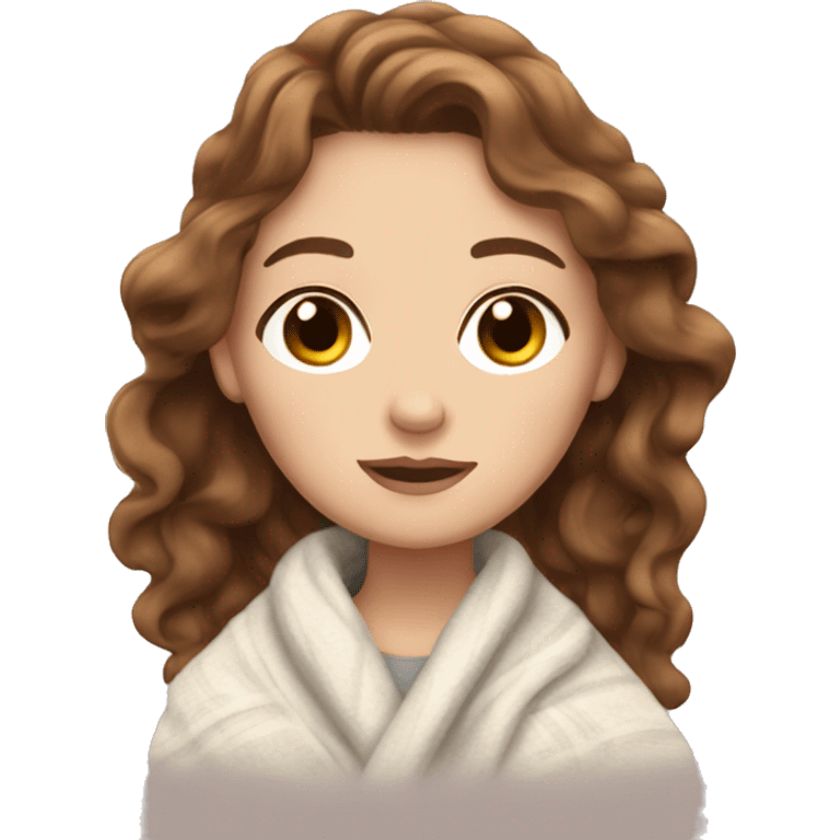 white girl with brown wavy hair cozy in blanket emoji