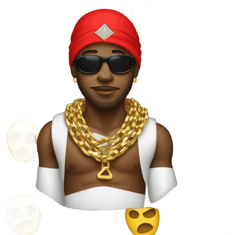 Black male with gold and diamond chains on neck with red bandana ski mask emoji