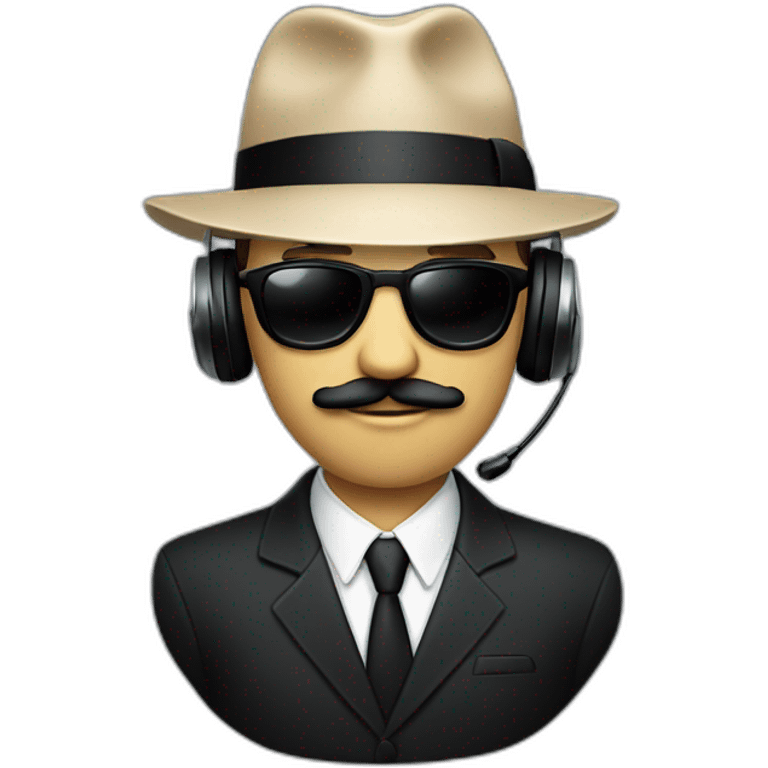 A man with a beige skin, a black suit, a tie, a fedora hat, headphones, black sunglasses and a mustache emoji