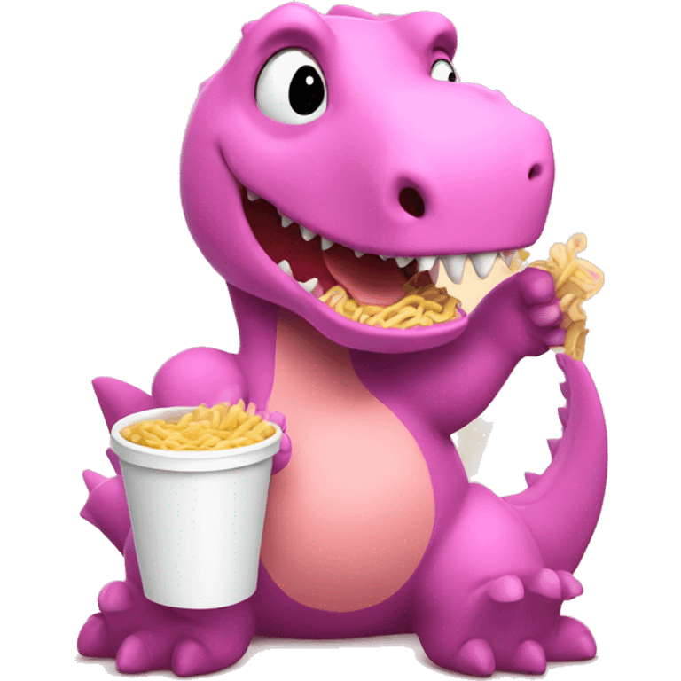 Pink dinosaur holding a cup of noodles  emoji