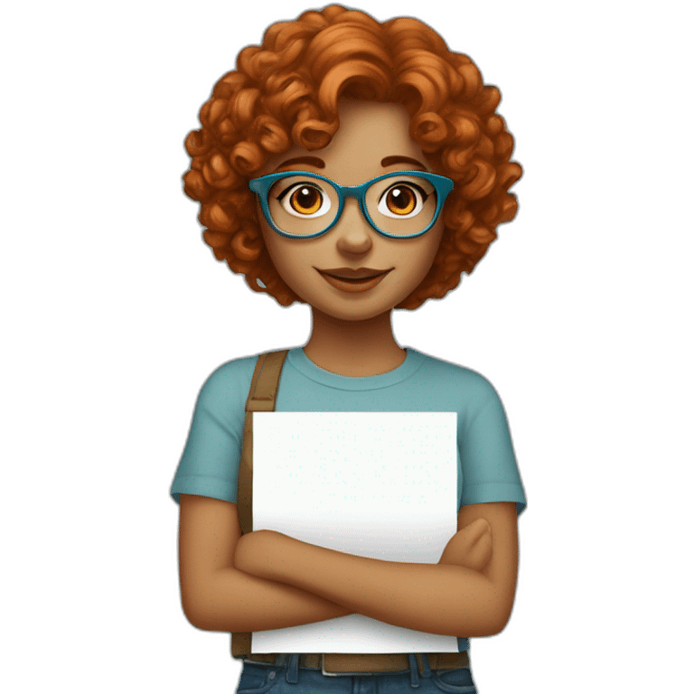 pretty girl with curly copper hair and blue glasses holding a big banner emoji