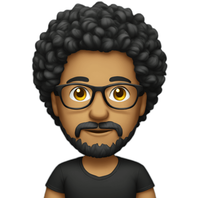 men with black curly hair and beard and golden glasses in black t-shirt work on computer emoji