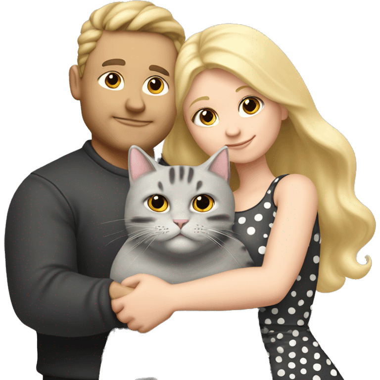 3 objects - a beautiful blonde with long hair and a polka-dotted dress, a bald handsome man in a cap and a rock T-shirt, and a fat gray cat with black spots. The man hugs the blonde and holds the cat in his hands emoji