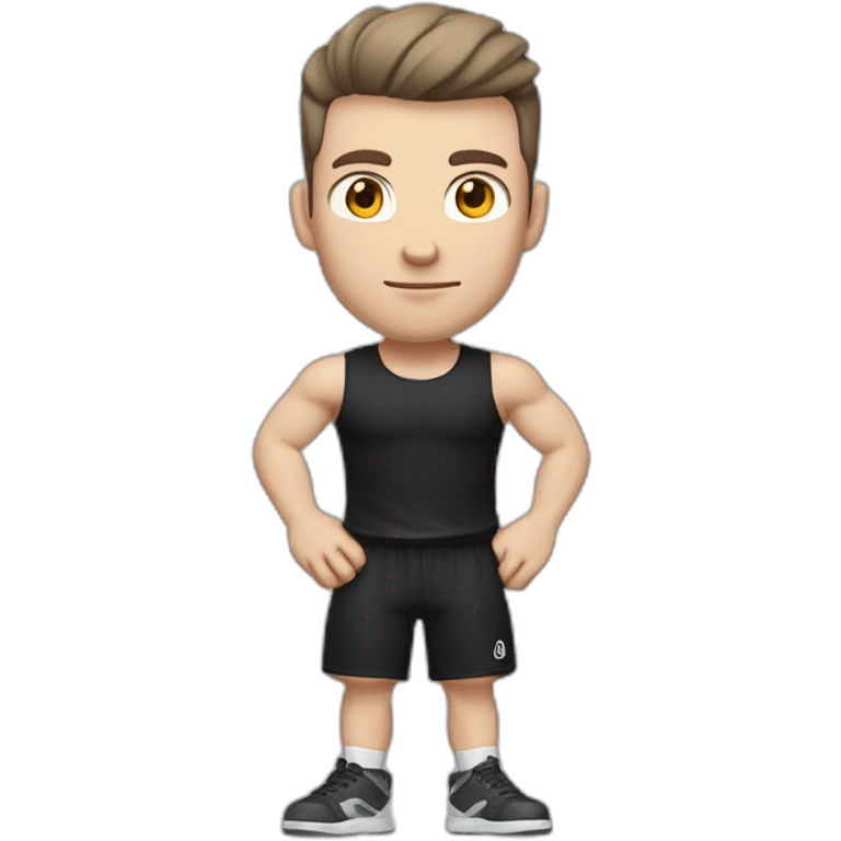 Pale skinned Fit Man With the biceps and dark brown hair in black shirt, gray sports shorts and white Sneakers His right hand near his back of the head emoji