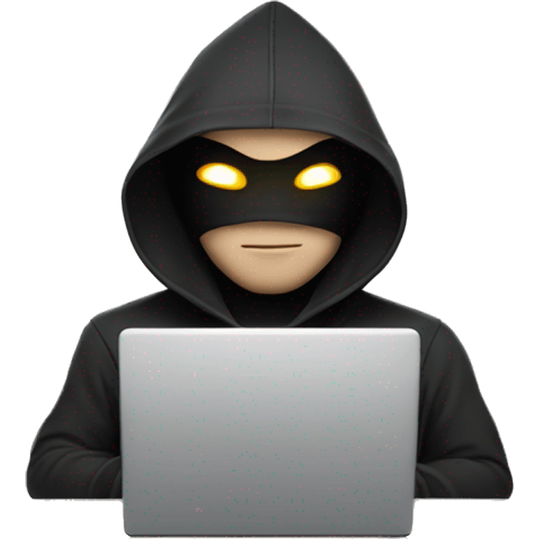 hooded masked man with a laptop and bright glowing white eyes  emoji