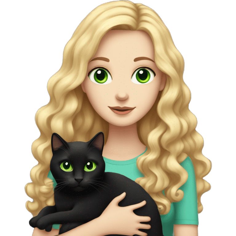 White girl with long curly read hair and blue eyes is holding a black cat with green eyes emoji