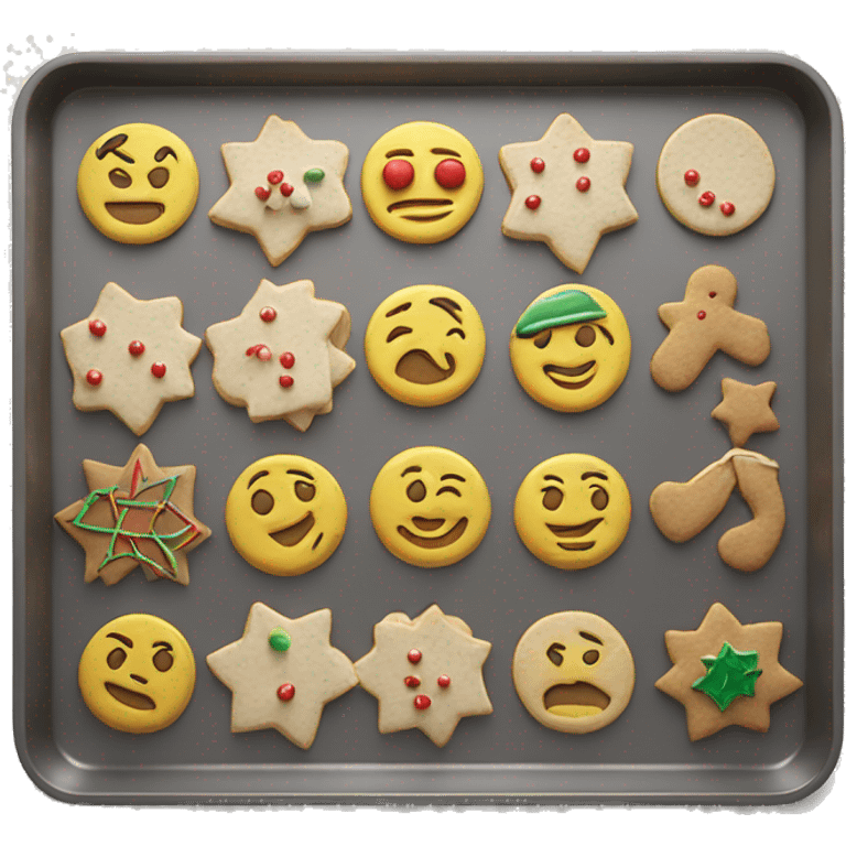 Realistic laying flat on a cookie baking pan , with christmas cookies arranged on it . emoji