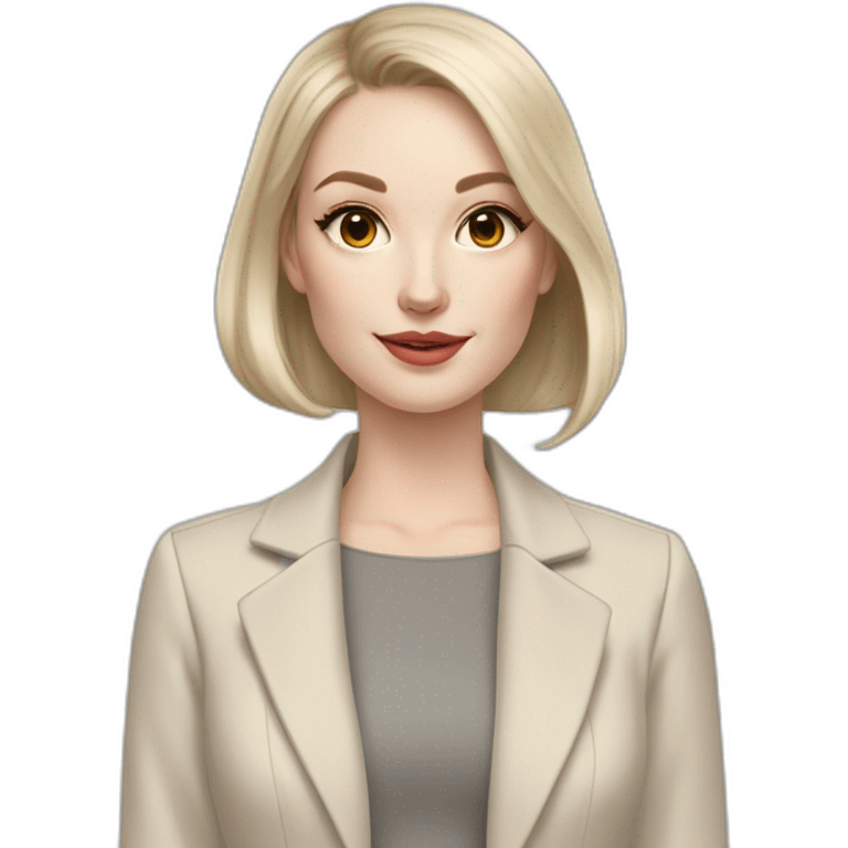 pale skin woman with ash blonde Straightened bob Hair, White Spacious classical jacket, beige palazzo Arrow pants and gray blouse holding a color palette in the hands emoji