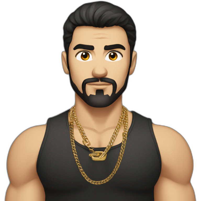 Russian muscular thug man aged 26 wearing gold chain with black hair and short beard emoji