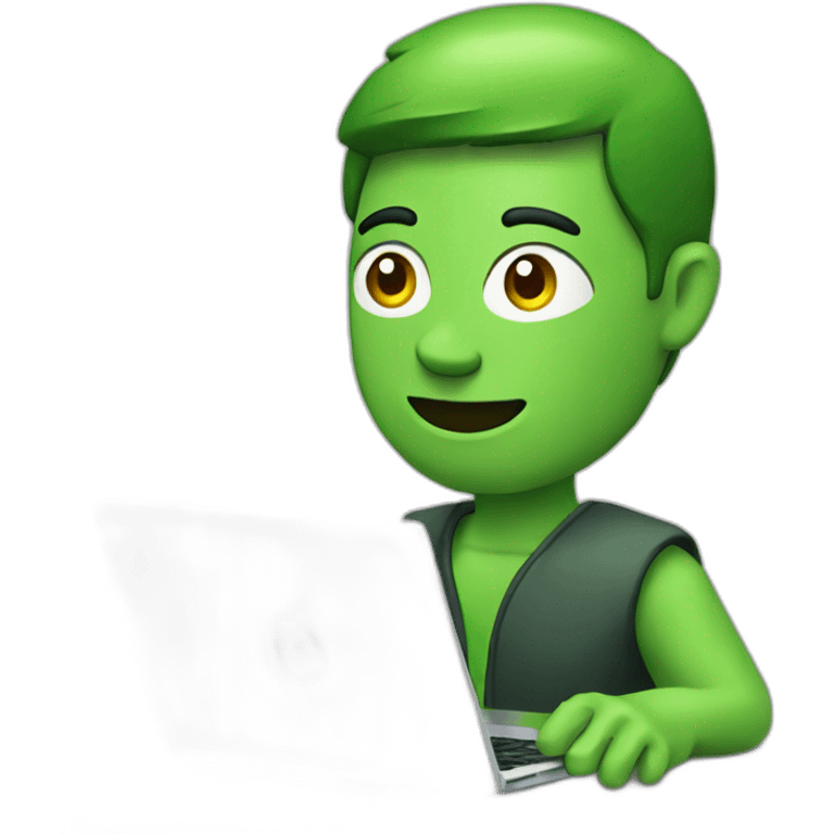 man, with a laptop, green stone logo on the laptop emoji