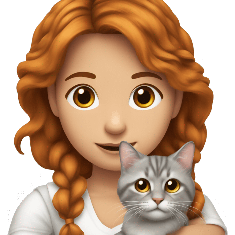 Mädchen mit heller Hautfarbe mit braunem, lockigen Haar mit einer Katze auf dem Arm mit weißem Fell und schwarzen und orangenen Flecken  emoji