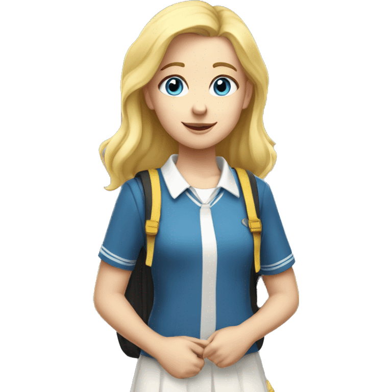 blue eyed, blonde hair white young girl wearing a private school uniform and a yellow backpack  emoji