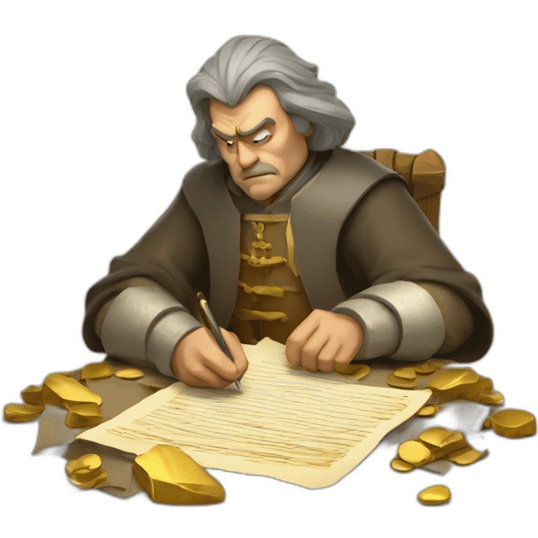 middle ages taxman, angry, writing on a paper, pile of gold emoji