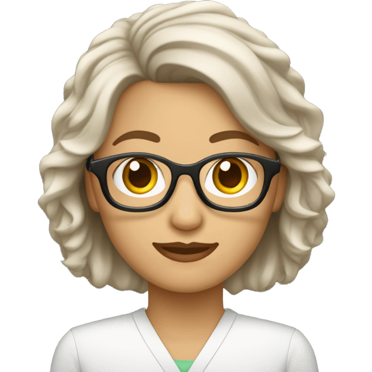 profesora con gafas de color blanco ,lpelo castaño y ondulado. emoji