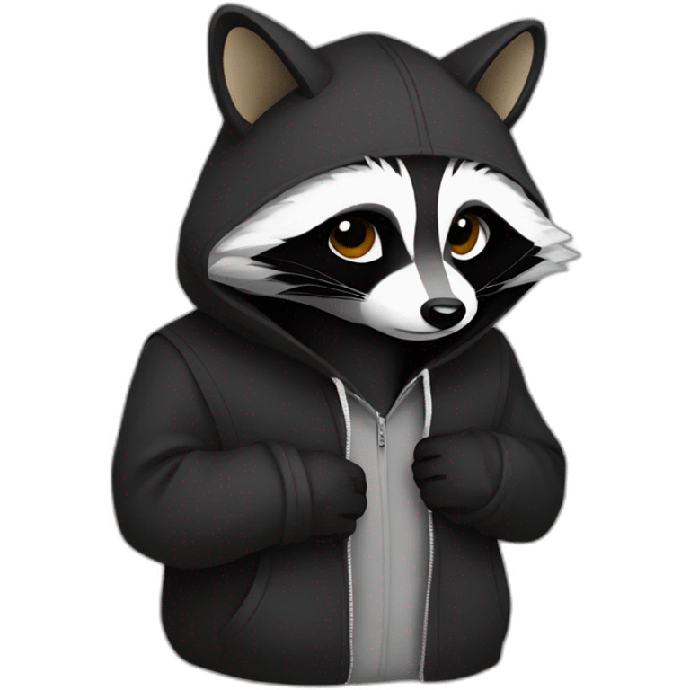 A raccoon who has a black coat and he puts on his hood so as not to be noticed emoji