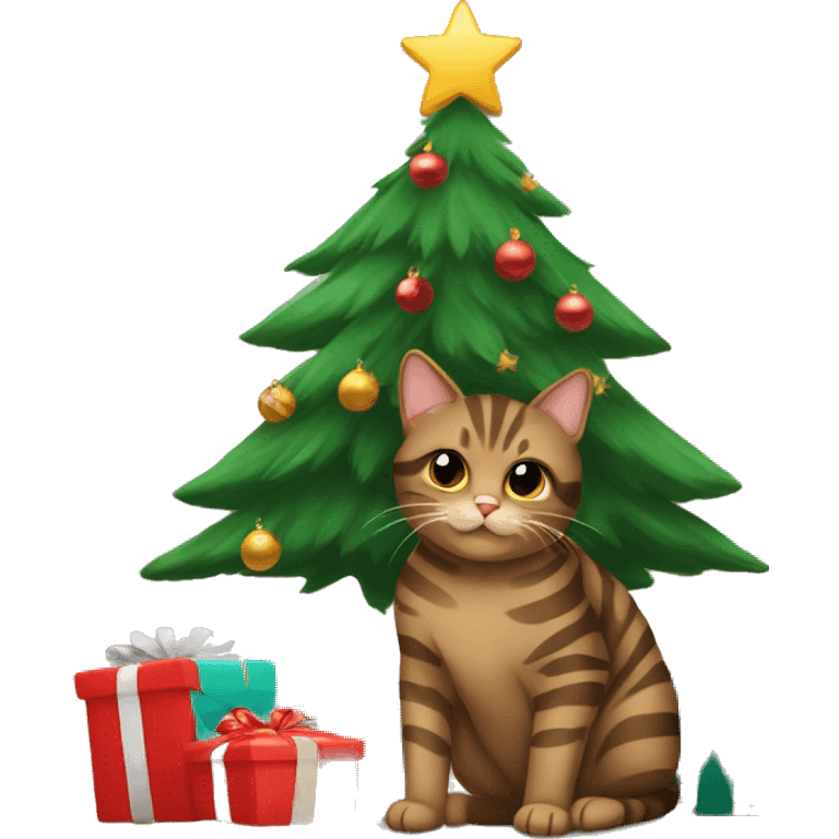 Brown striped cat sitting under a Christmas tree  emoji