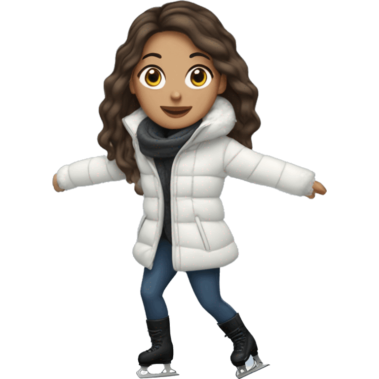 brunette woman with long hair ice skating in a puffer coat emoji