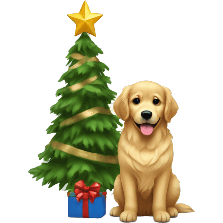 christmas golden retriever with christmas tree  emoji