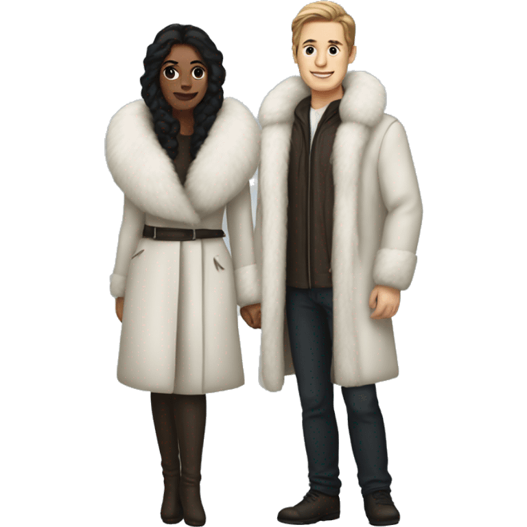 Dark haired White couple in long fur coats emoji