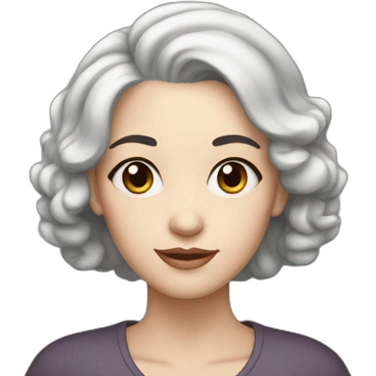 40 years old Woman, white pale skin, grey hair, big black eyes emoji