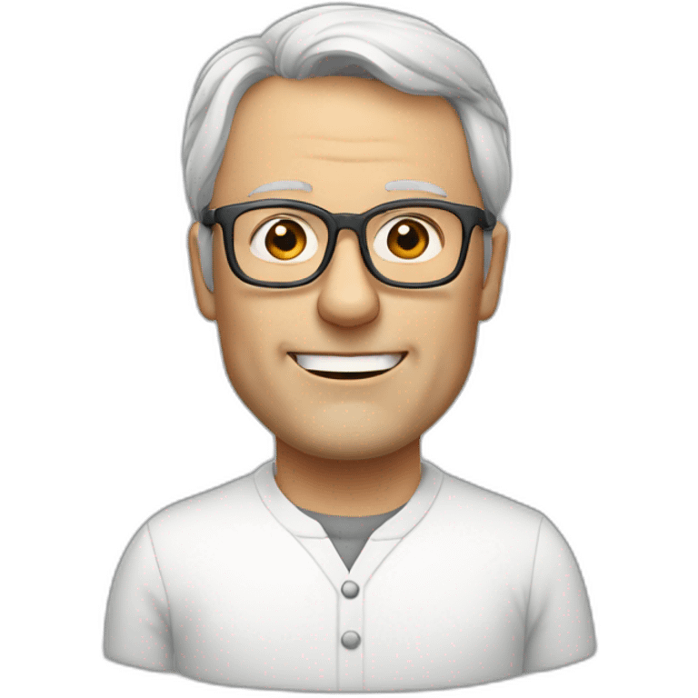 46-year-old white Dutch man with Grey glasses and a white blouse with small chairs on it emoji