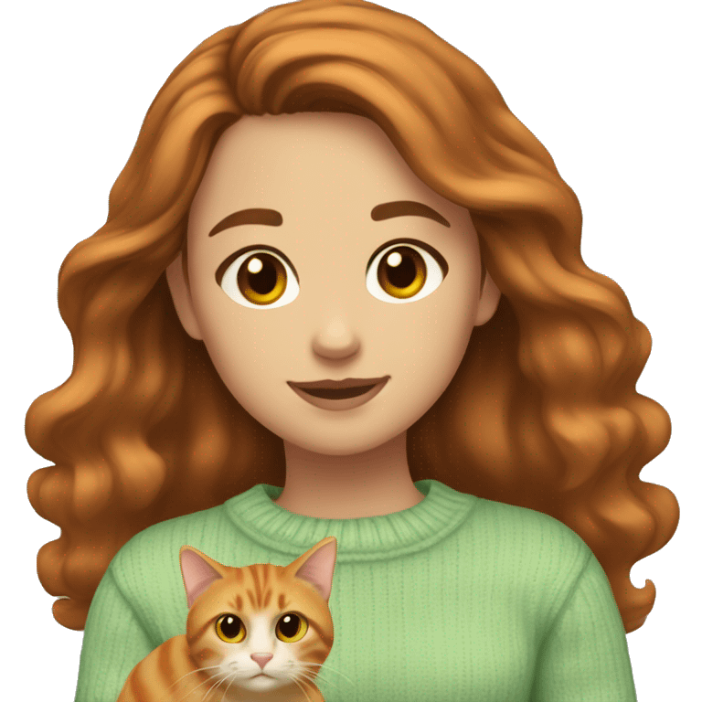  girl with wavy brown hair and brown eyes wearing pale green sweater holding an orange tabby cat emoji