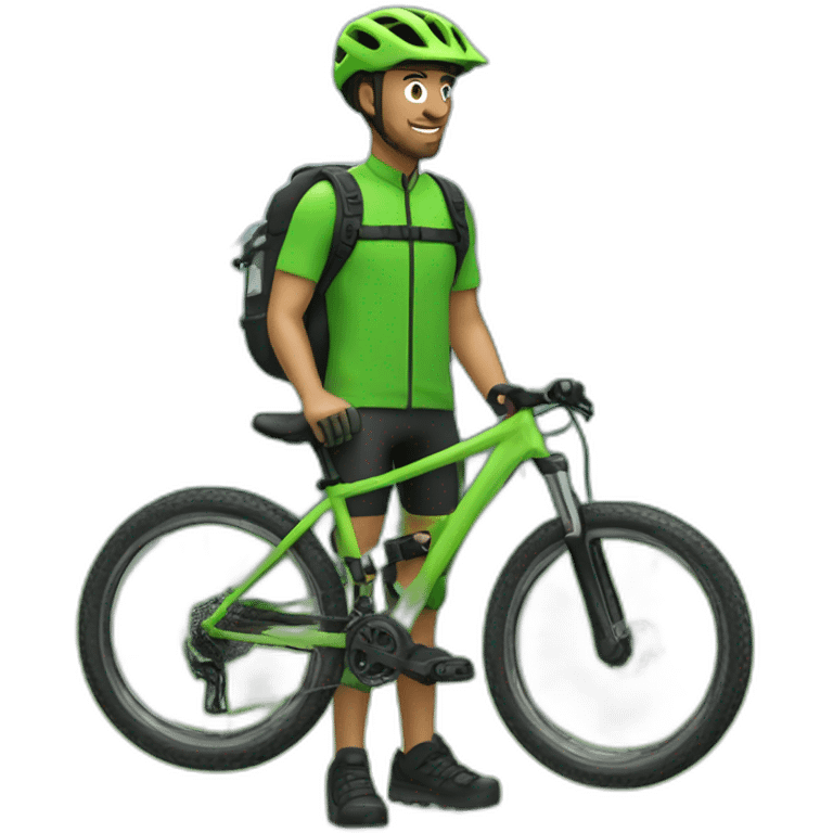 Mountain biker adulto. Sin mochila, con bicicleta de color verde, y con ropa de color negra emoji