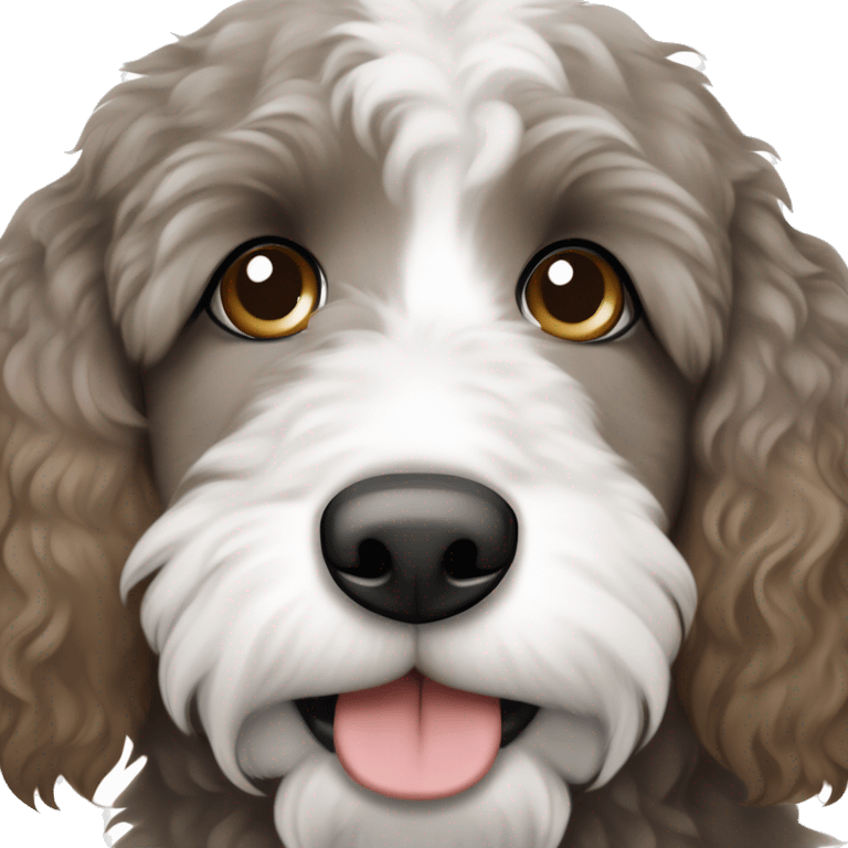 Grey brown and white bernedoodle, one blue eye and one brown eye emoji