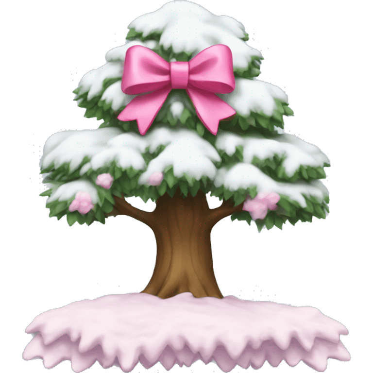 Tree with snow and a pink bow emoji