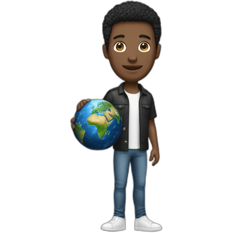 a guy with a miniature earth as a head without any facial features. the guy is wearing a layered black and white shirt jeans and plain white shoes emoji