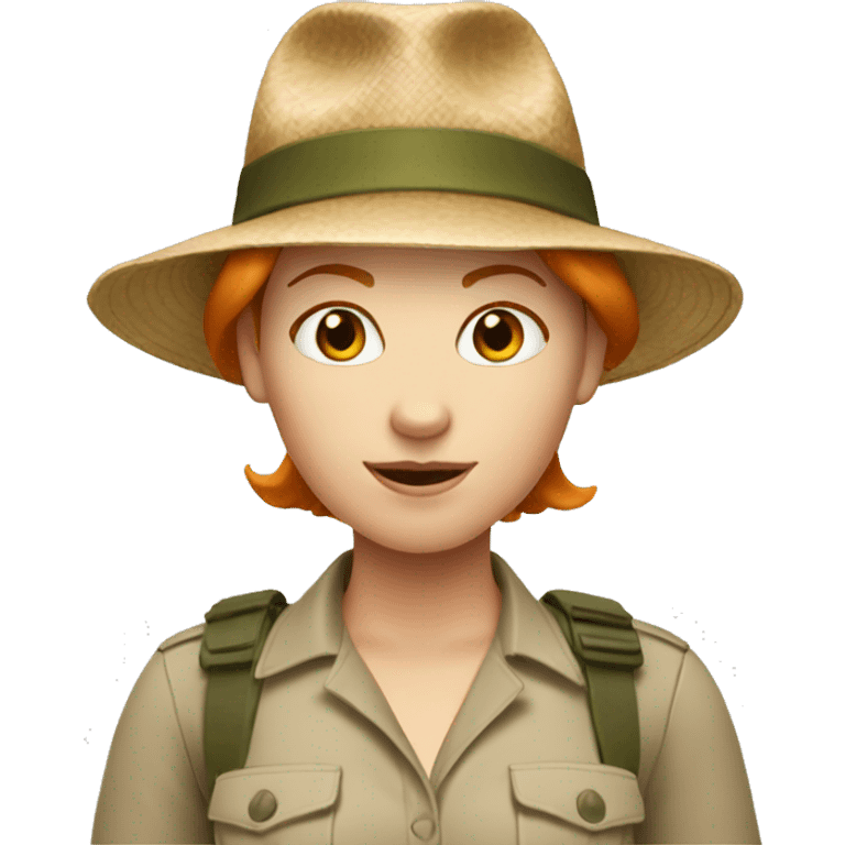 white woman with short ginger hair and safari hat emoji