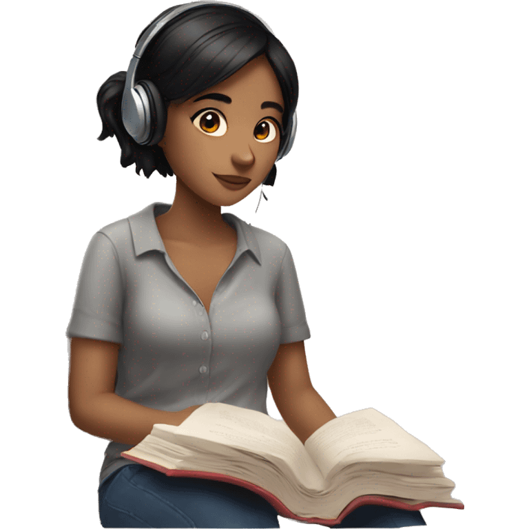 girl with black hair in cosy shirt and a book wearing earbuds  emoji