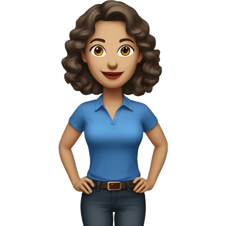 A cheerful woman in her 30s with light skin, shoulder-length wavy dark brown hair, and a round face with prominent cheekbones. She has hazel eyes, full lips with red lipstick, and a warm, friendly smile. She's wearing a blue shirt. emoji