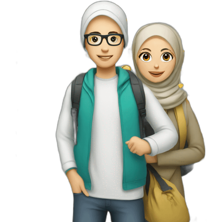 young white man with glasses and woman with hijab, both with backpack for holiday trip emoji