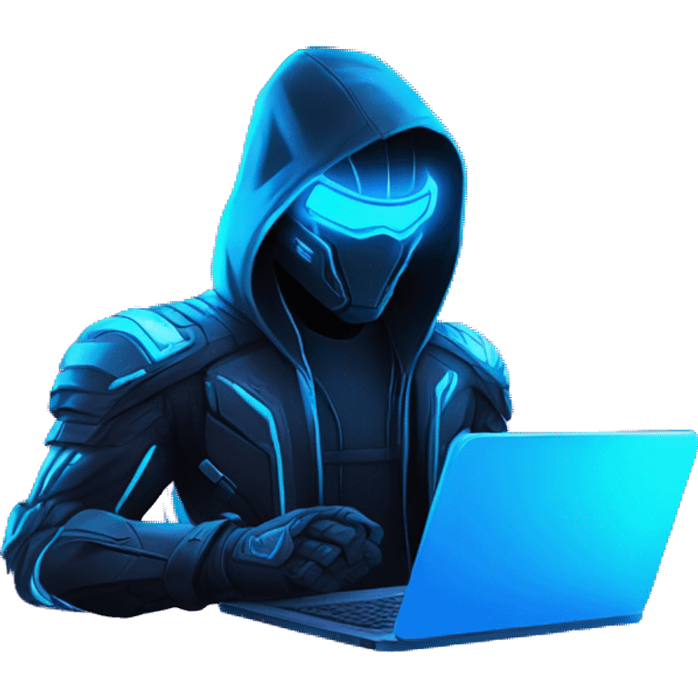 Hacker behind his laptop with this style : crysis Cyberpunk Valorant neon glowing bright blue character blue black hooded assassin themed character emoji