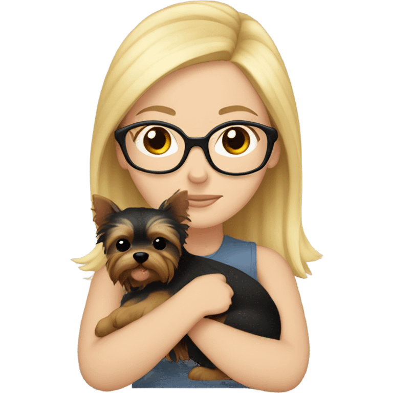 White girl, blonde hair, eyes closed, wearing glasses hugs Yorkshire terrier  emoji