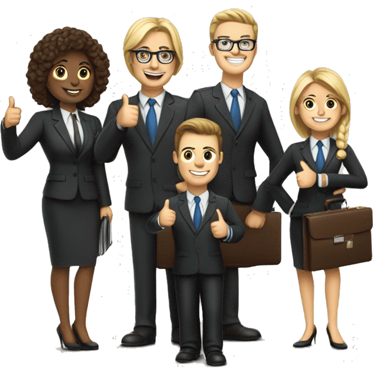 Group of lawyers (male and female) with briefcases and laptops giving thumbs up emoji